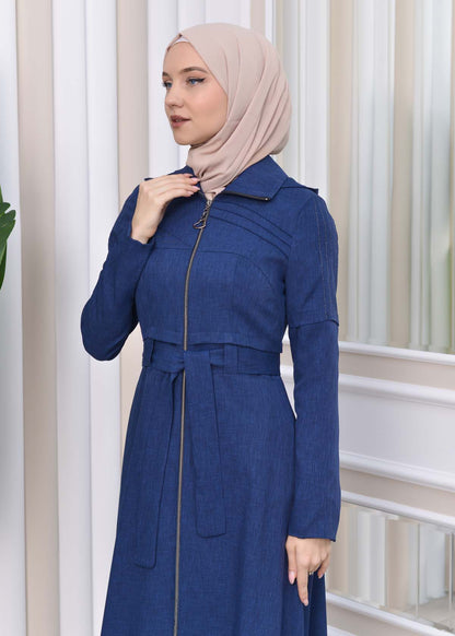 Gestreifter Gabardine-Damenmantel (Frühling/Sommer) mit Reißverschluss und Kapuze 1212 - Dunkelblau