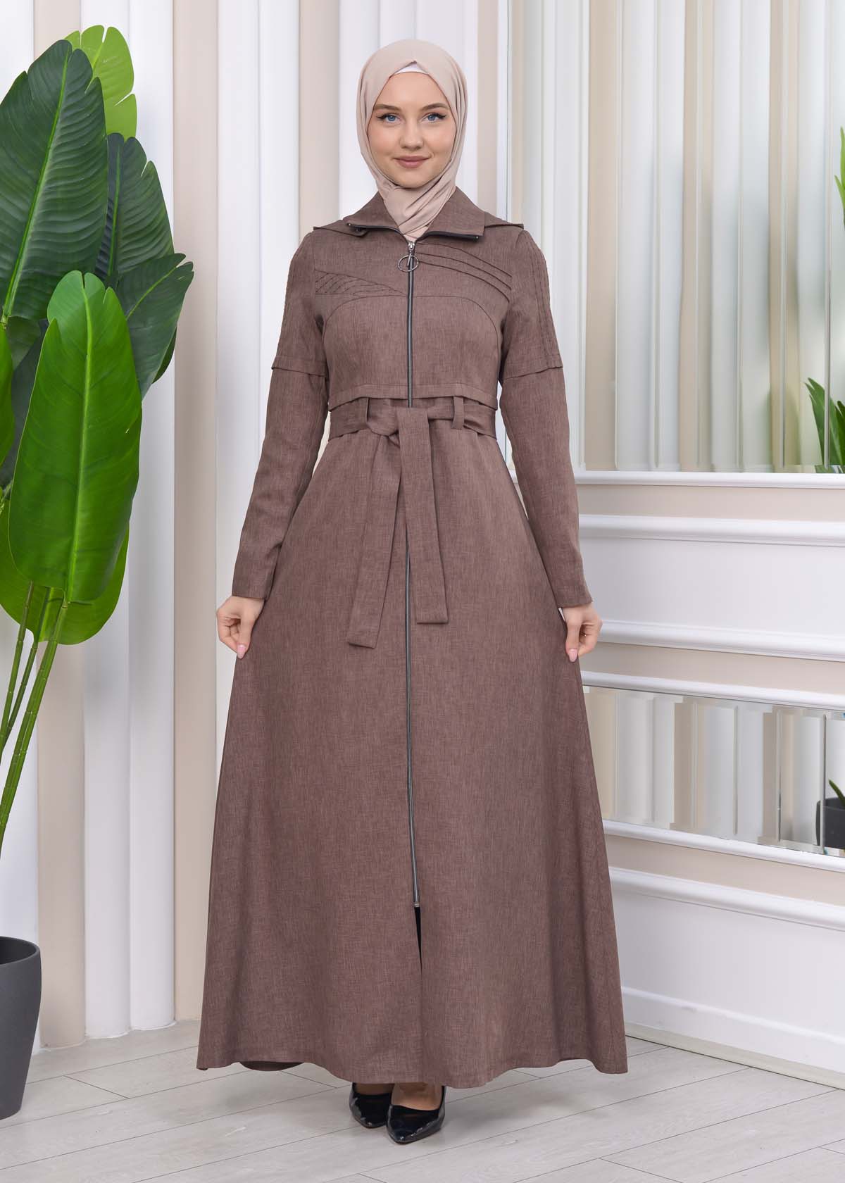 Gestreifter Gabardine-Damenmantel (Frühling/Sommer) mit Reißverschluss und Kapuze 1212 - Hellbraun