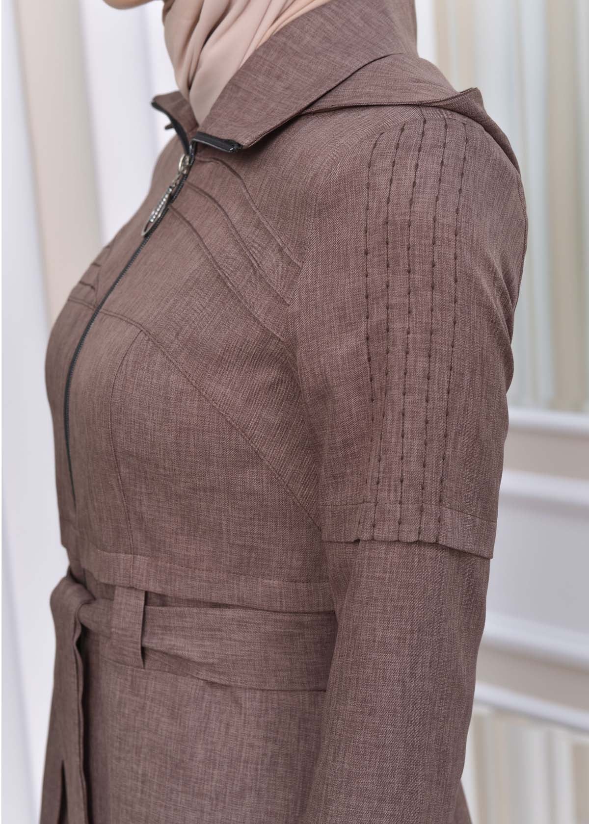 Gestreifter Gabardine-Damenmantel (Frühling/Sommer) mit Reißverschluss und Kapuze 1212 - Hellbraun