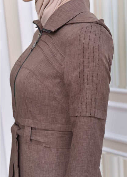 Gestreifter Gabardine-Damenmantel (Frühling/Sommer) mit Reißverschluss und Kapuze 1212 - Hellbraun