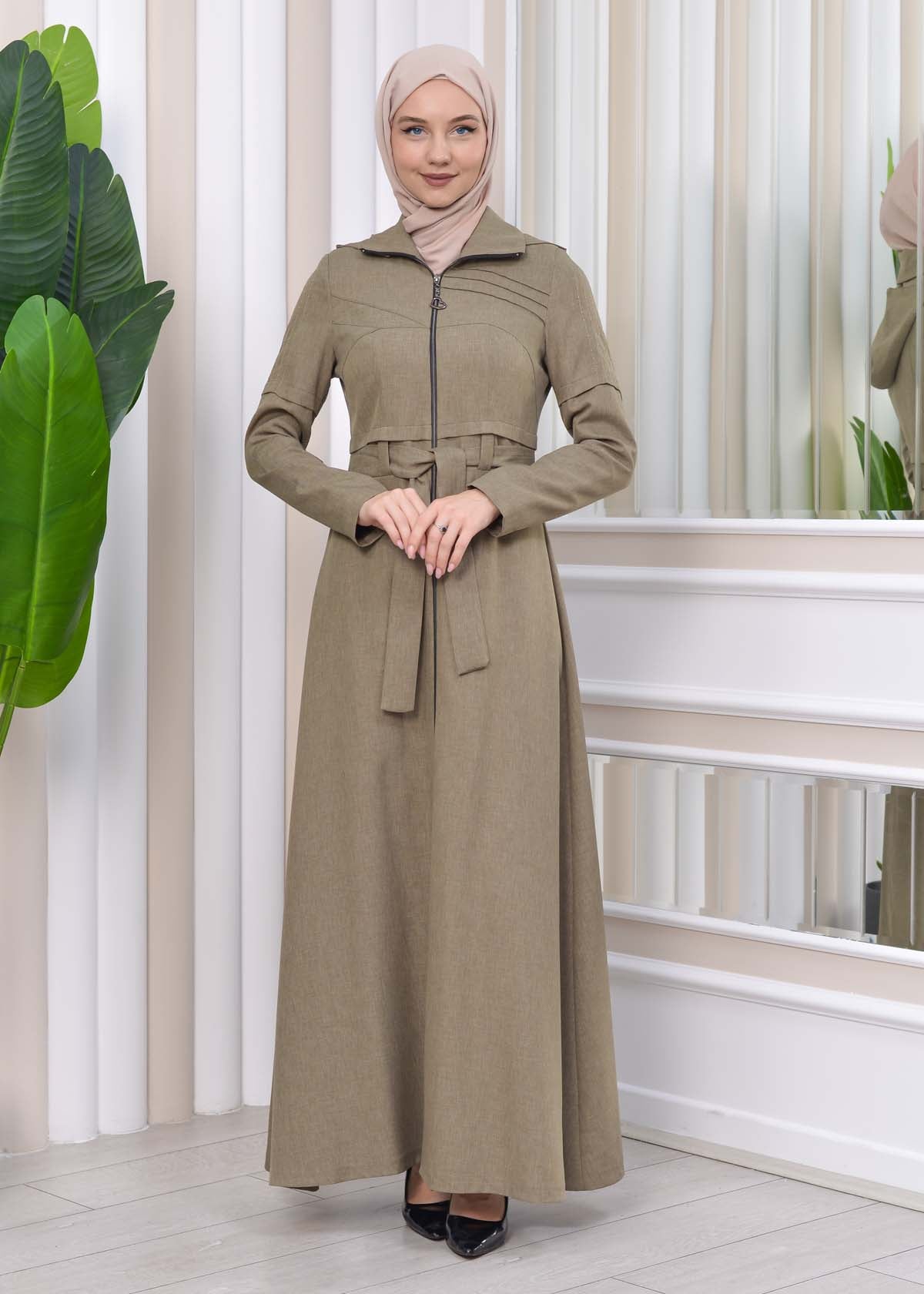 Gestreifter Gabardine-Damenmantel (Frühling/Sommer) mit Reißverschluss und Kapuze 1212 - Mintgrün