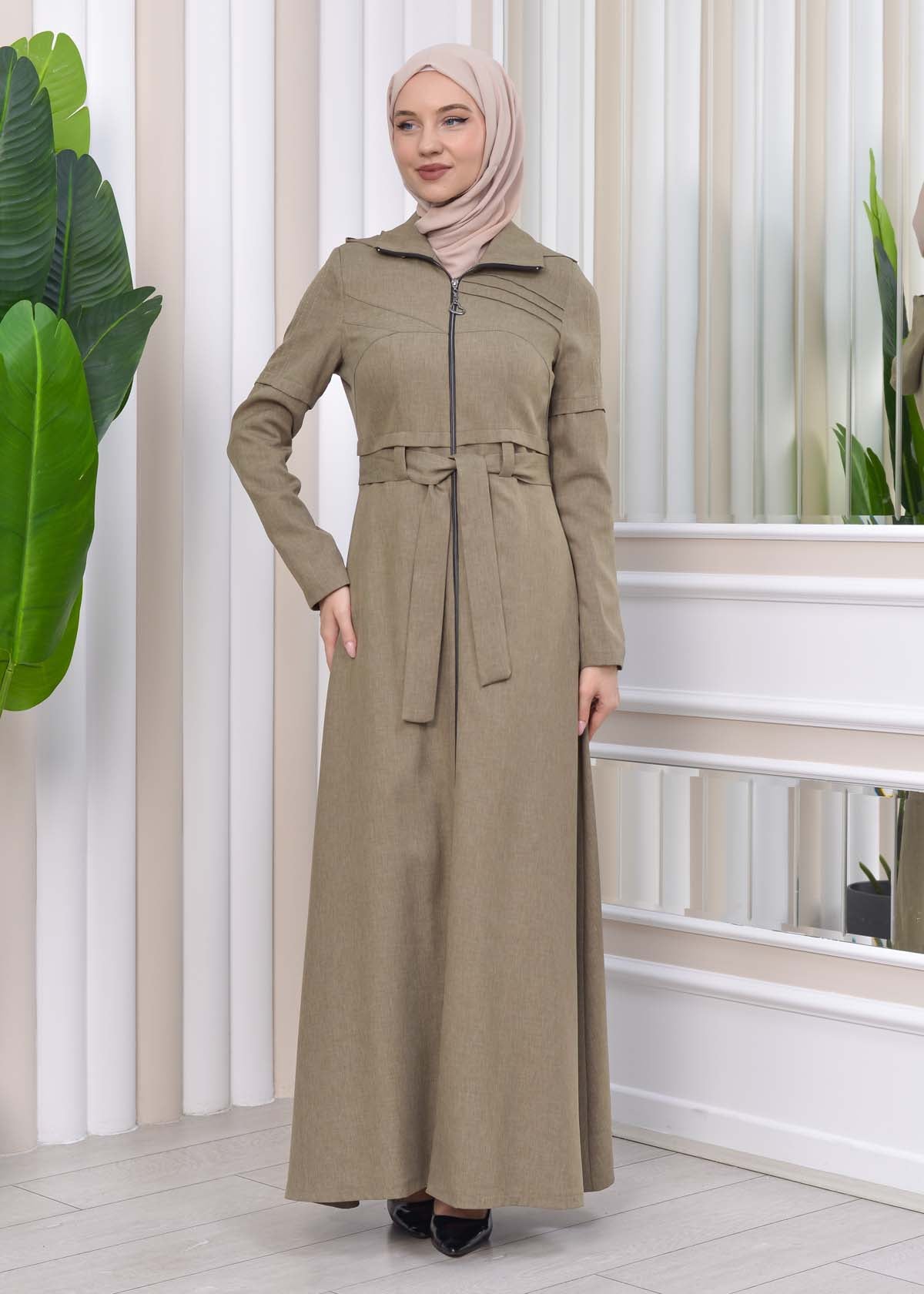 Gestreifter Gabardine-Damenmantel (Frühling/Sommer) mit Reißverschluss und Kapuze 1212 - Mintgrün