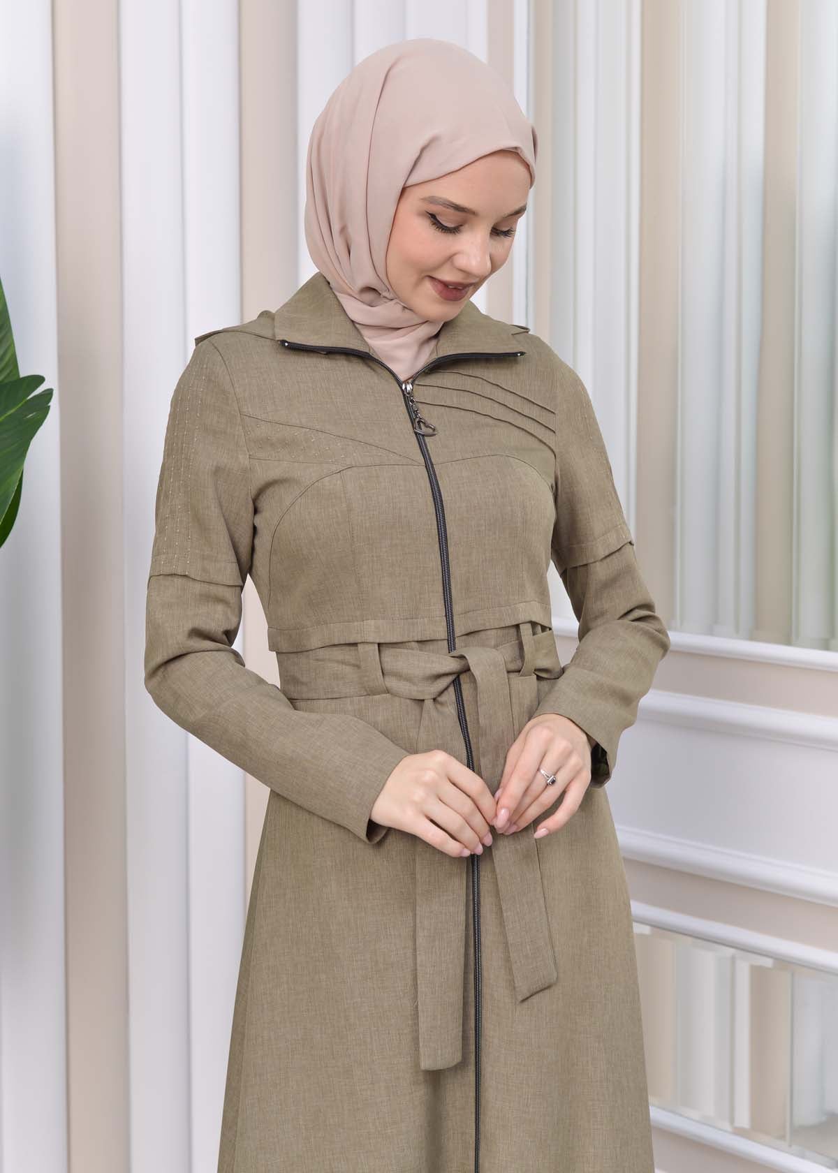 Gestreifter Gabardine-Damenmantel (Frühling/Sommer) mit Reißverschluss und Kapuze 1212 - Mintgrün