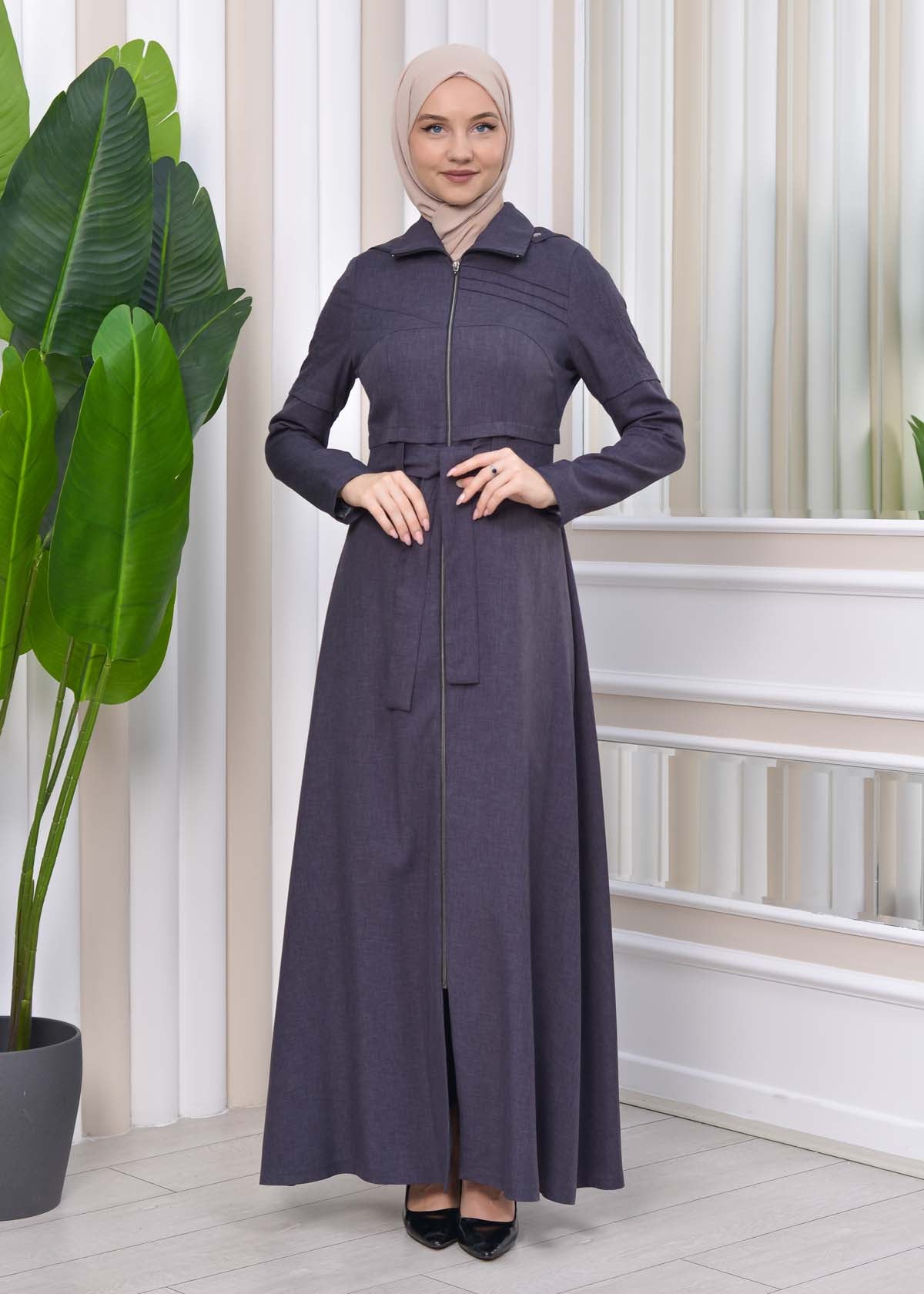 Gestreifter Gabardine-Damenmantel (Frühling/Sommer) mit Reißverschluss und Kapuze 1212 - Anthrazit