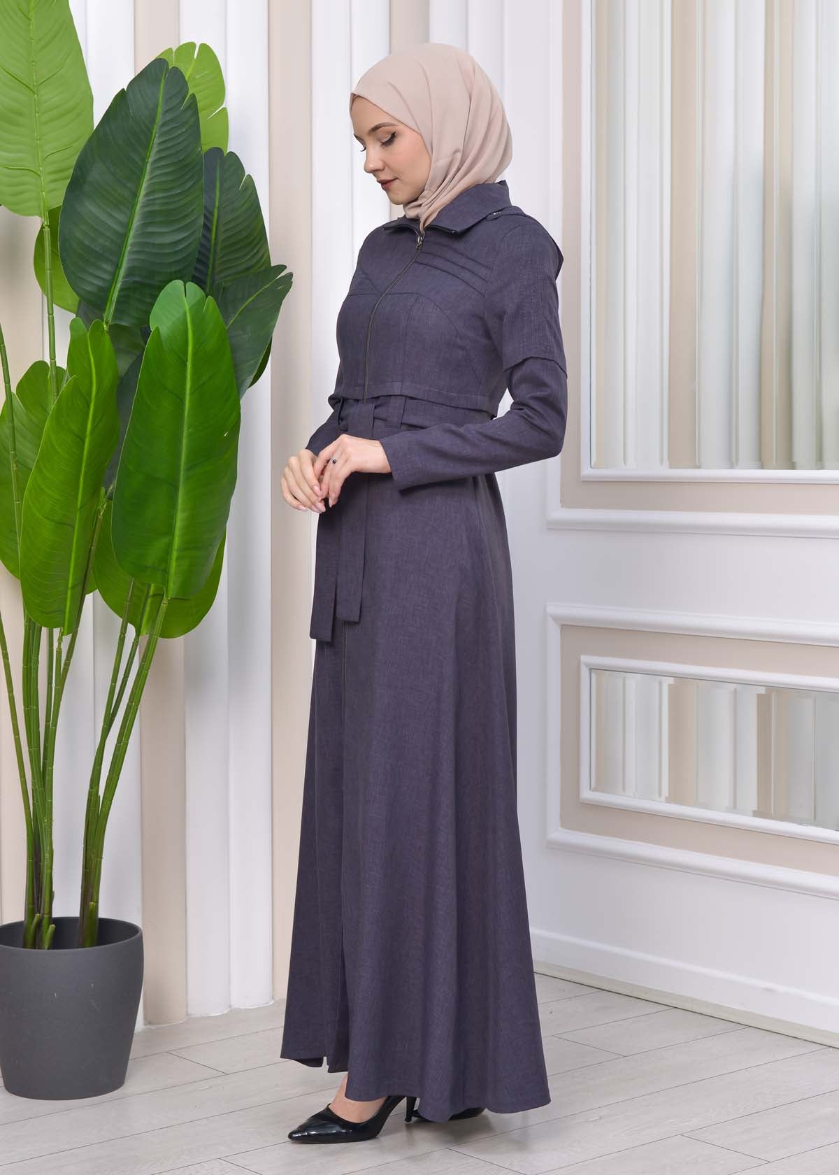 Gestreifter Gabardine-Damenmantel (Frühling/Sommer) mit Reißverschluss und Kapuze 1212 - Anthrazit