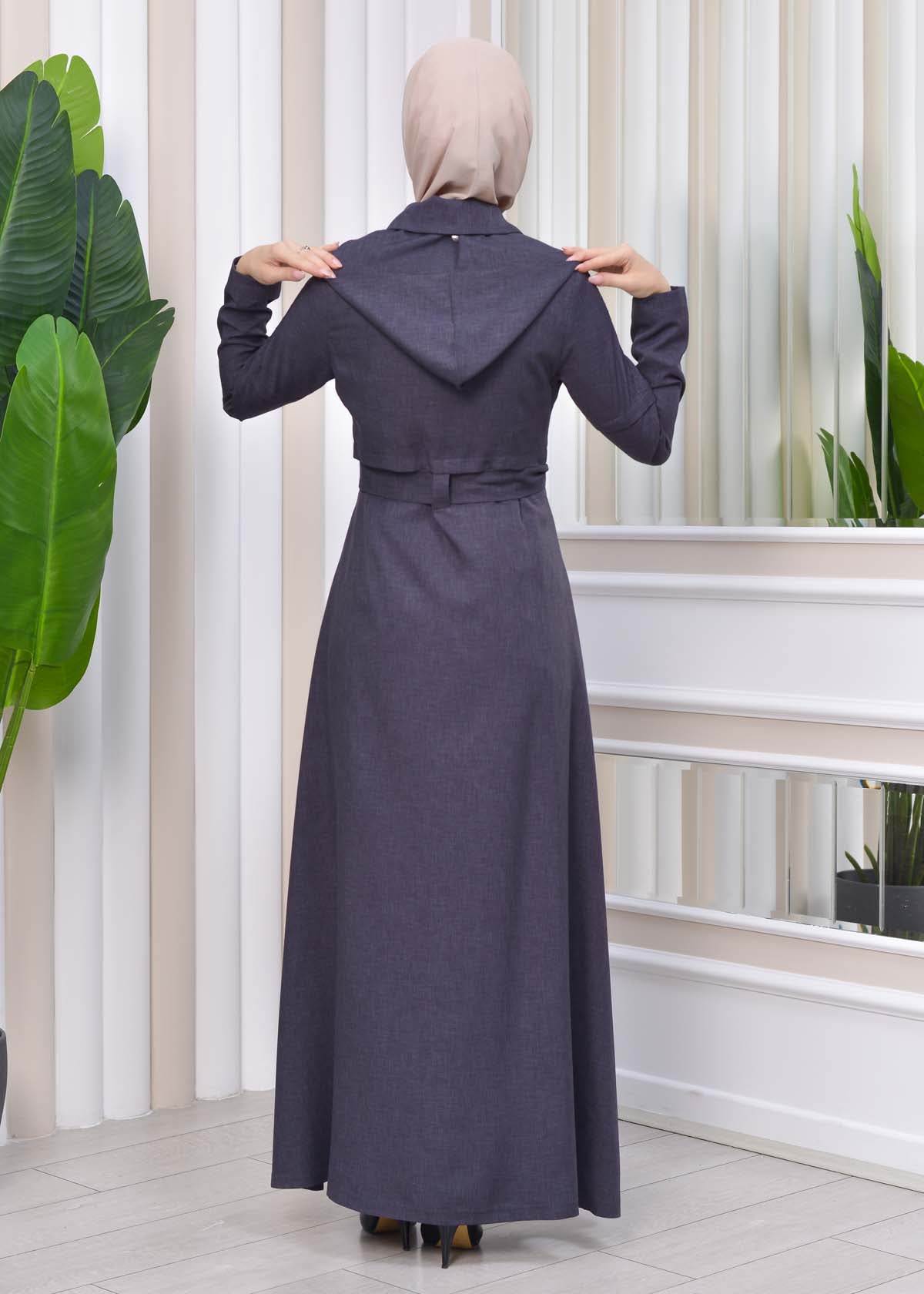 Gestreifter Gabardine-Damenmantel (Frühling/Sommer) mit Reißverschluss und Kapuze 1212 - Anthrazit