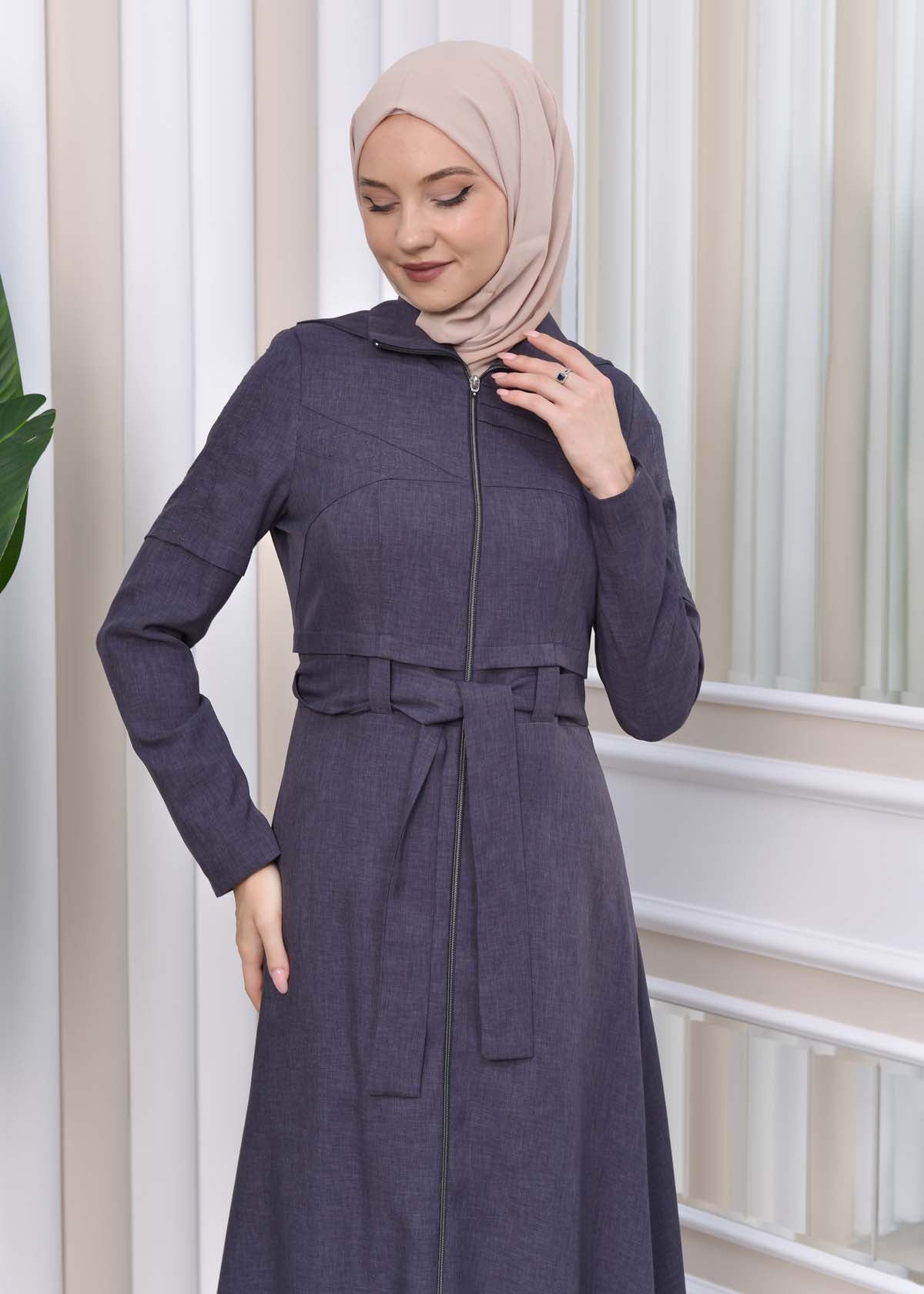 Gestreifter Gabardine-Damenmantel (Frühling/Sommer) mit Reißverschluss und Kapuze 1212 - Anthrazit