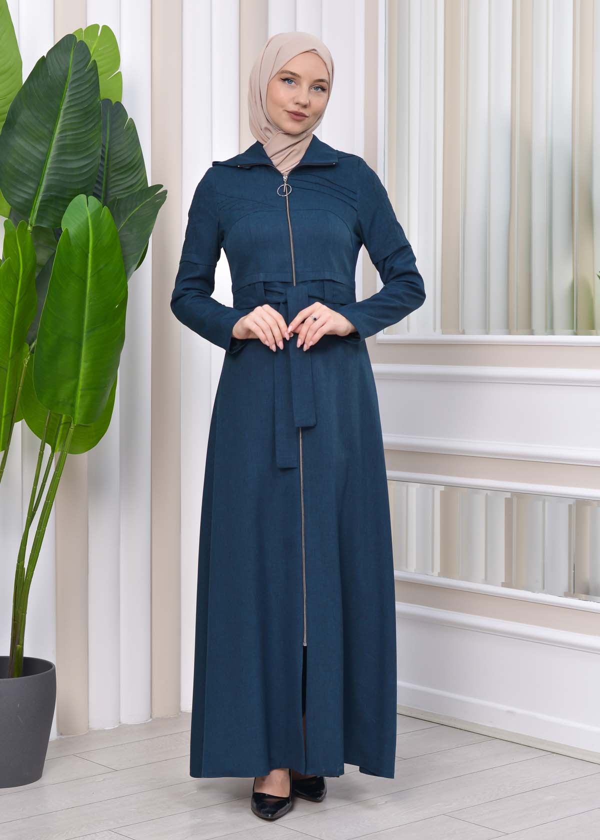 Gestreifter Gabardine-Damenmantel (Frühling/Sommer) mit Reißverschluss und Kapuze 1212 - Petrol