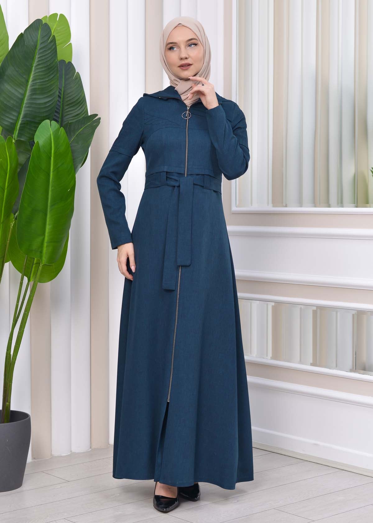 Gestreifter Gabardine-Damenmantel (Frühling/Sommer) mit Reißverschluss und Kapuze 1212 - Petrol