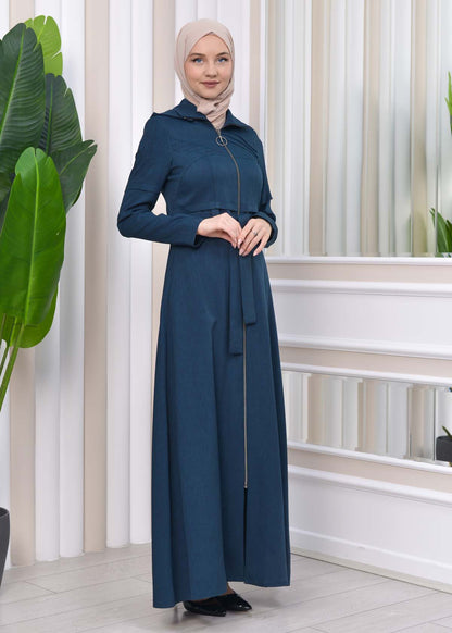 Gestreifter Gabardine-Damenmantel (Frühling/Sommer) mit Reißverschluss und Kapuze 1212 - Petrol