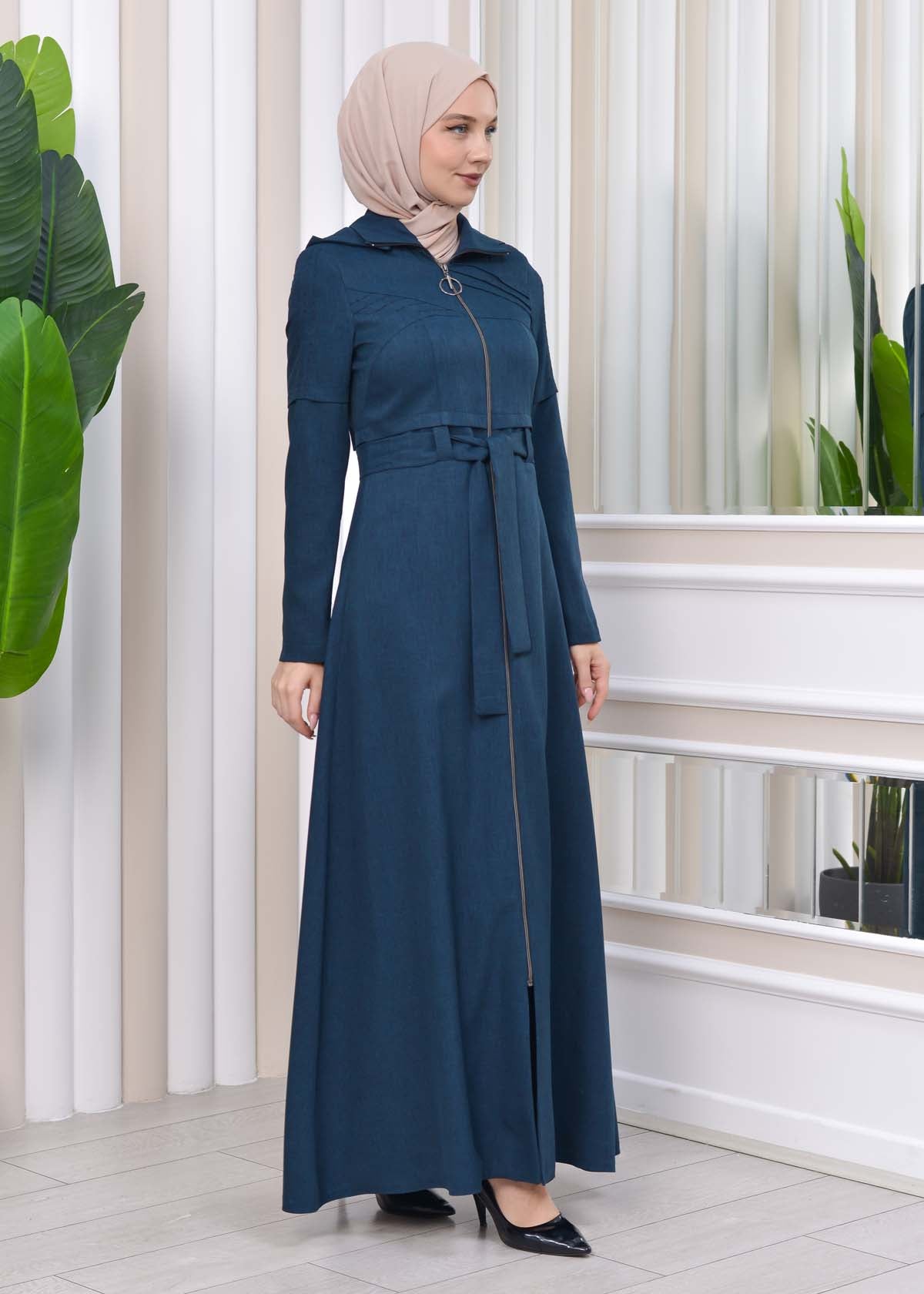 Gestreifter Gabardine-Damenmantel (Frühling/Sommer) mit Reißverschluss und Kapuze 1212 - Petrol