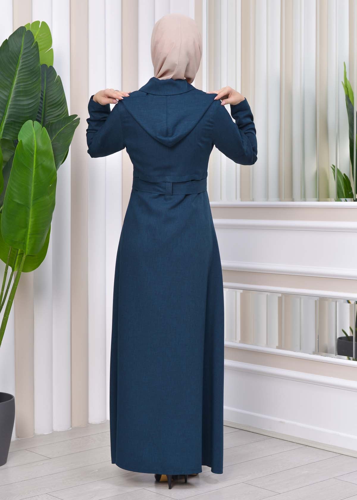 Gestreifter Gabardine-Damenmantel (Frühling/Sommer) mit Reißverschluss und Kapuze 1212 - Petrol