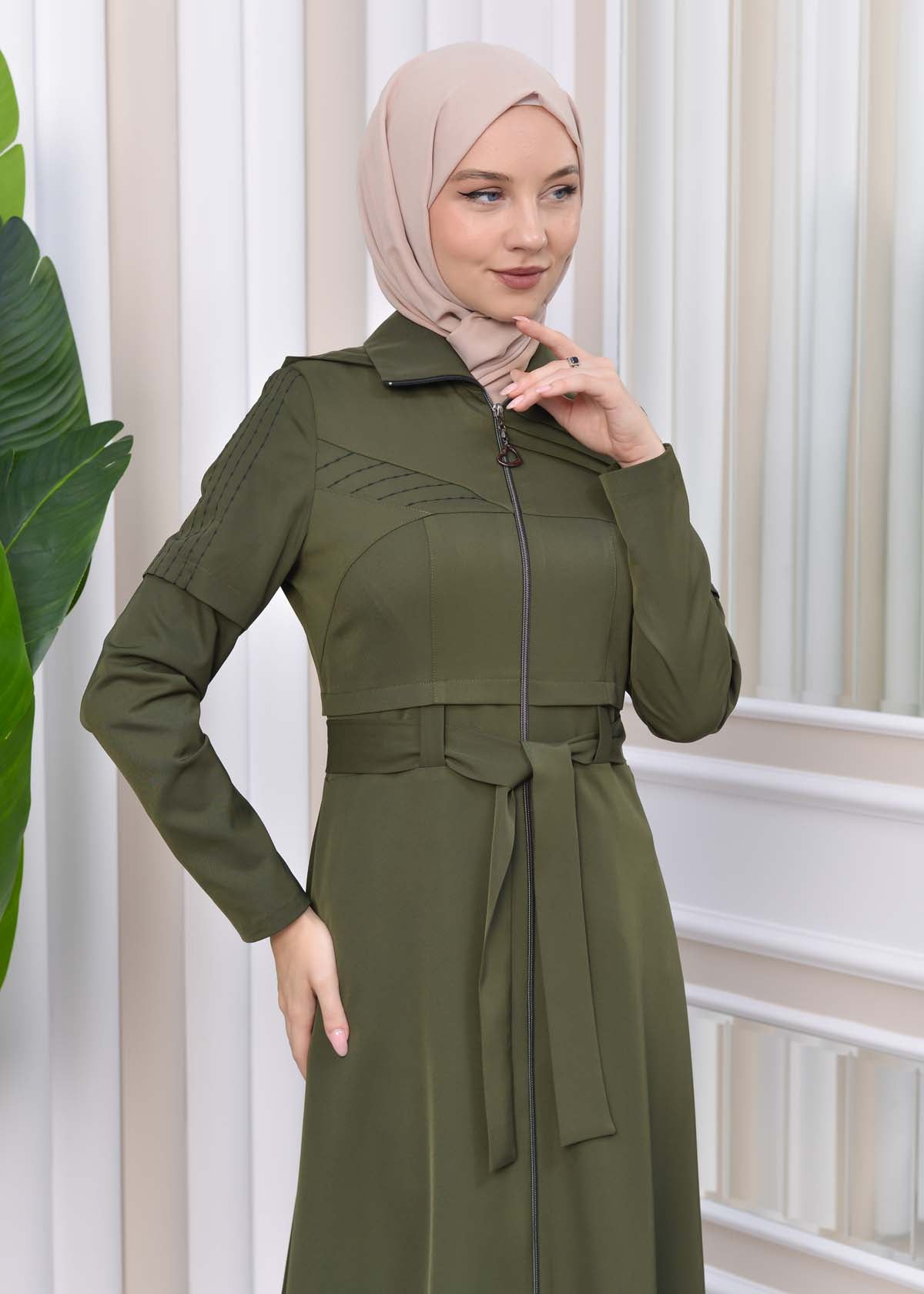 Langer brada-Mantel mit abnehmbarer Kapuze 1212 - Khaki