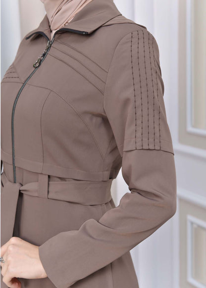 Langer brada-Mantel mit abnehmbarer Kapuze 1212 - Beige