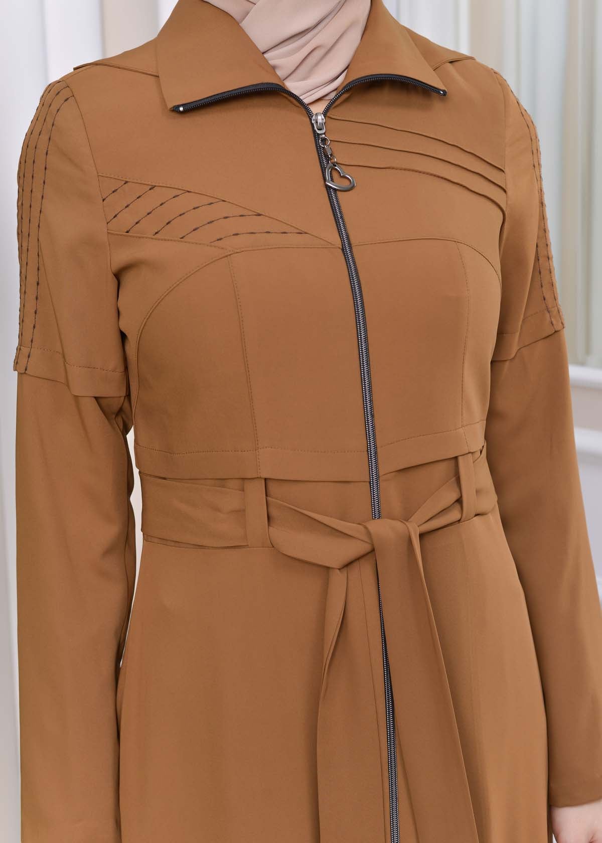 Langer brada-Mantel mit abnehmbarer Kapuze 1212 - Cognac