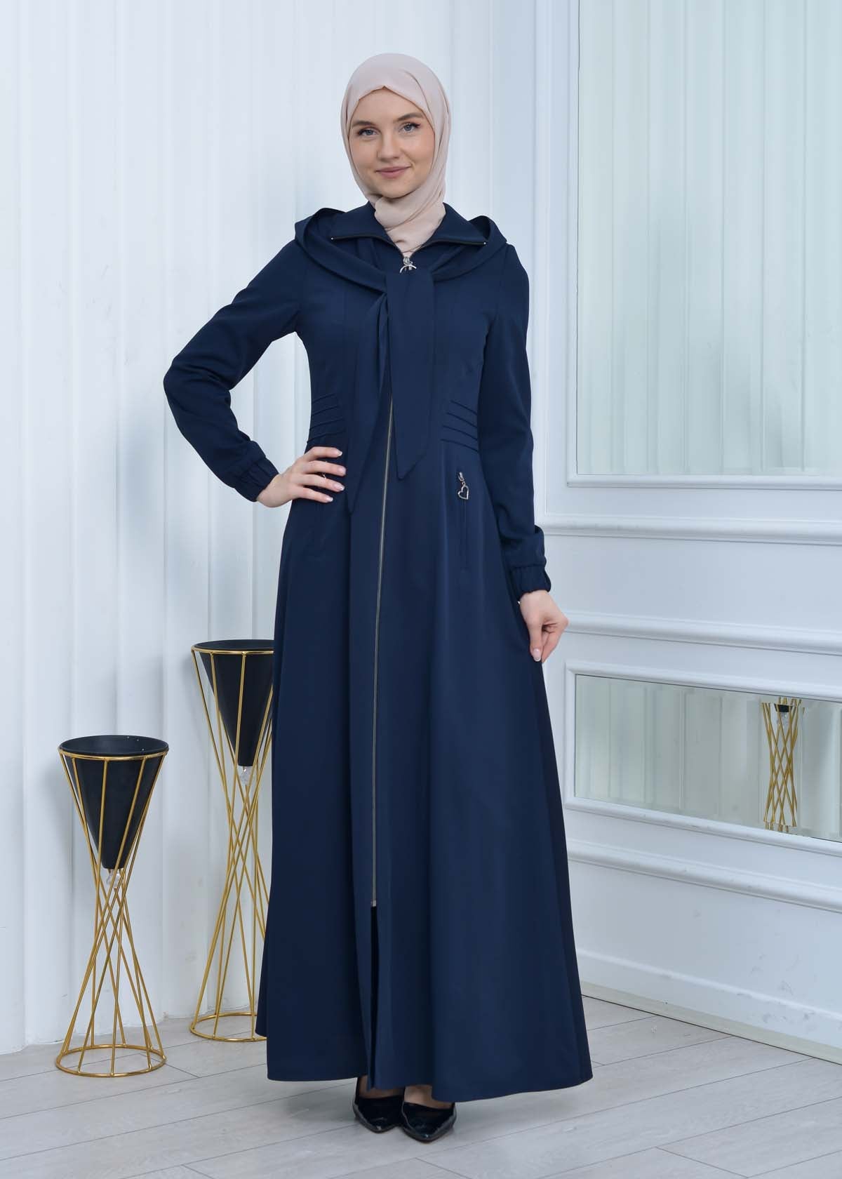 Langer brada-Mantel mit abnehmbarer Kapuze 1213 - Dunkelblau