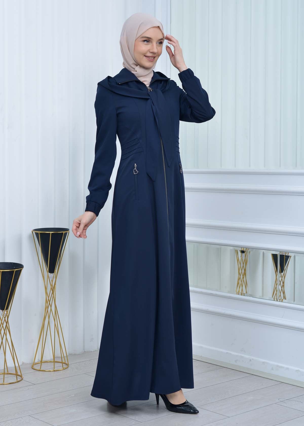 Langer brada-Mantel mit abnehmbarer Kapuze 1213 - Dunkelblau