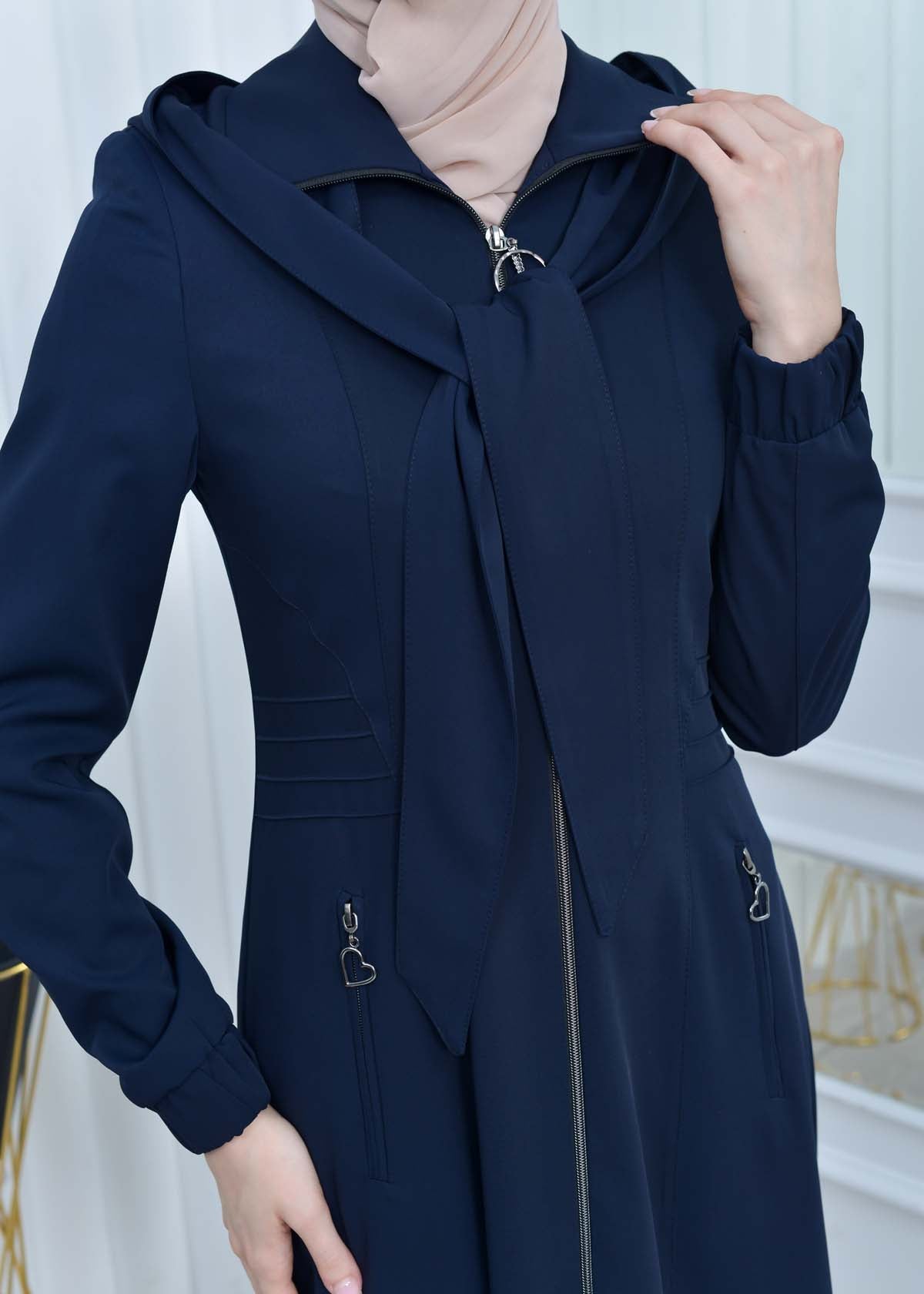 Langer brada-Mantel mit abnehmbarer Kapuze 1213 - Dunkelblau