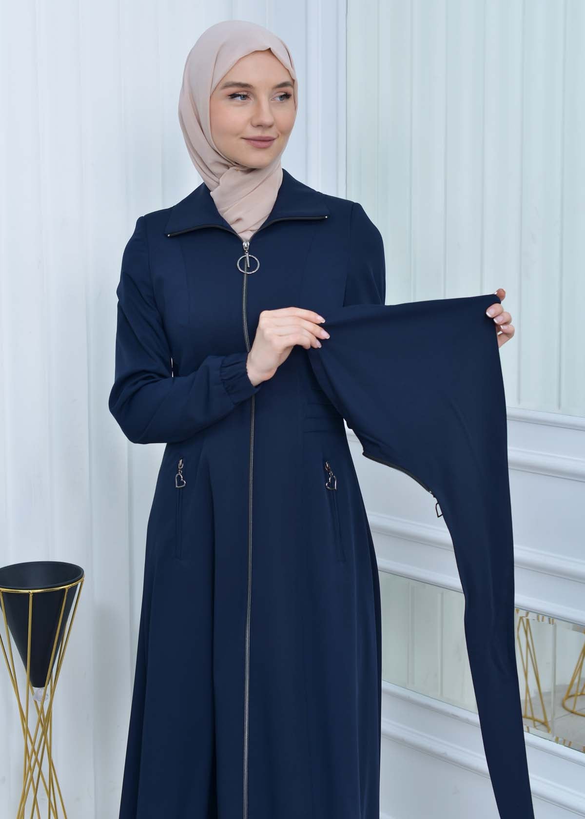 Langer brada-Mantel mit abnehmbarer Kapuze 1213 - Dunkelblau