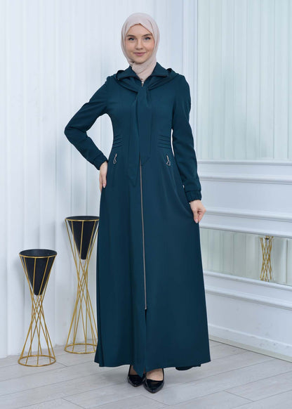 Langer brada-Mantel mit abnehmbarer Kapuze 1213 - Türkis