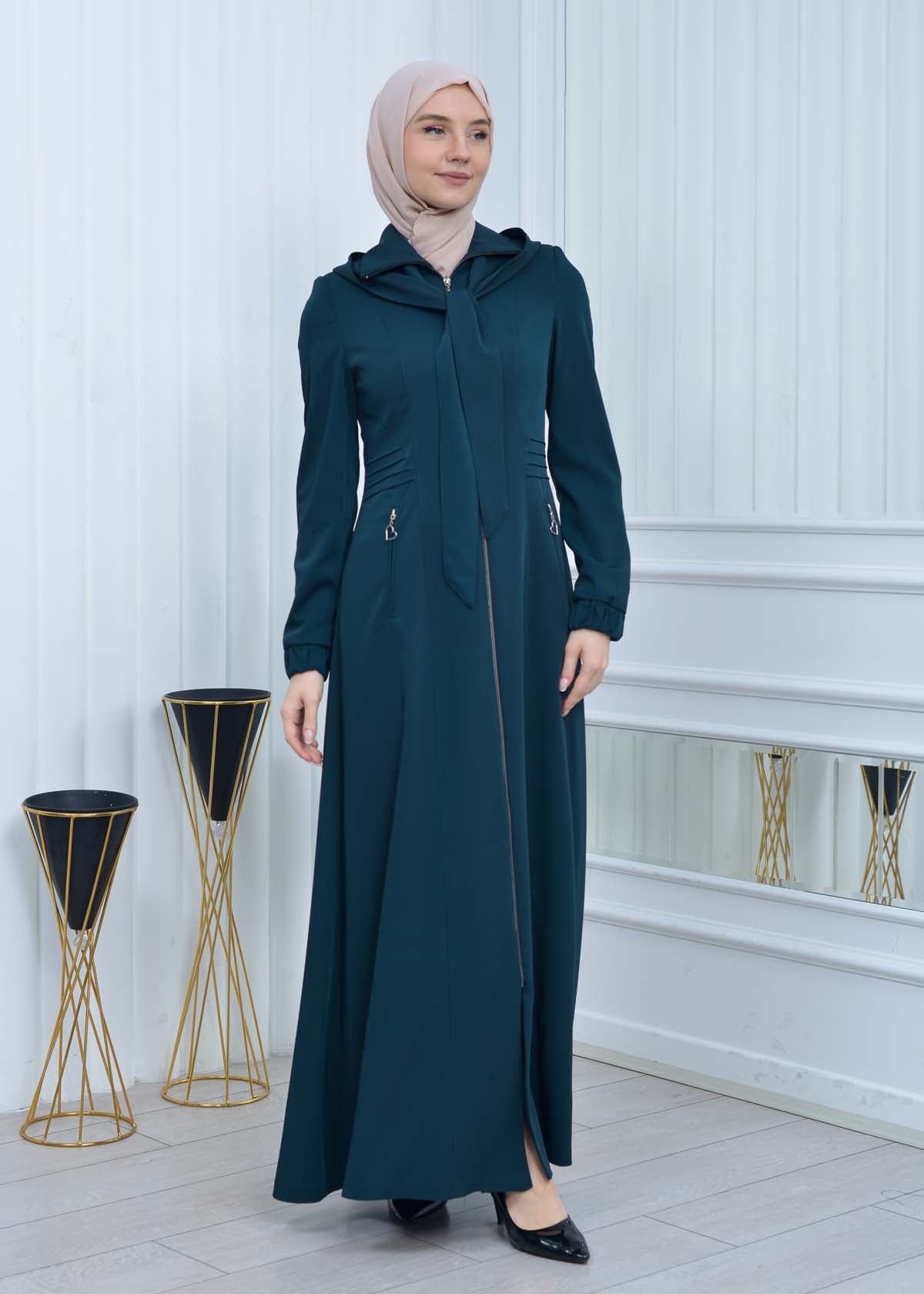 Langer brada-Mantel mit abnehmbarer Kapuze 1213 - Türkis