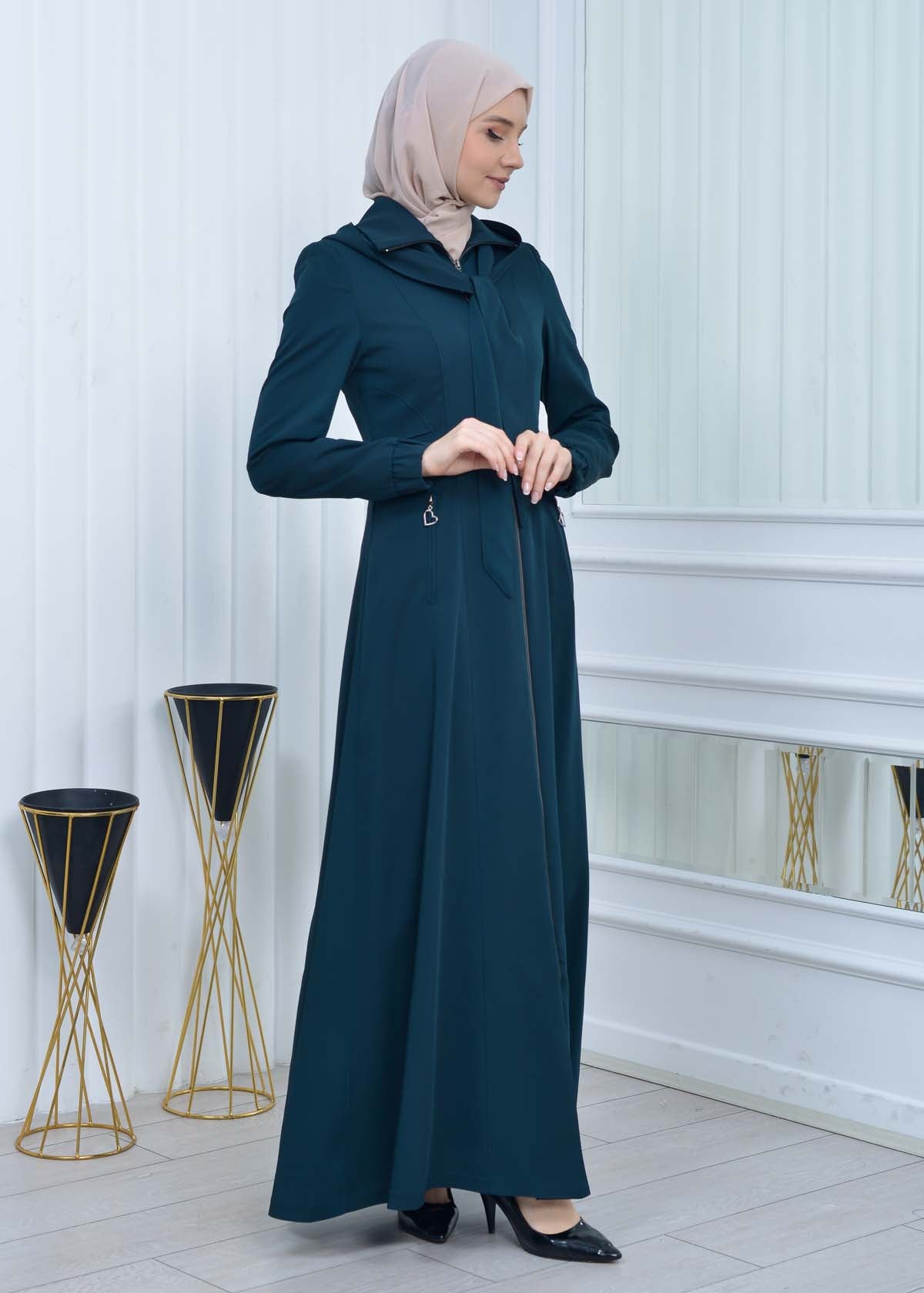 Langer brada-Mantel mit abnehmbarer Kapuze 1213 - Türkis