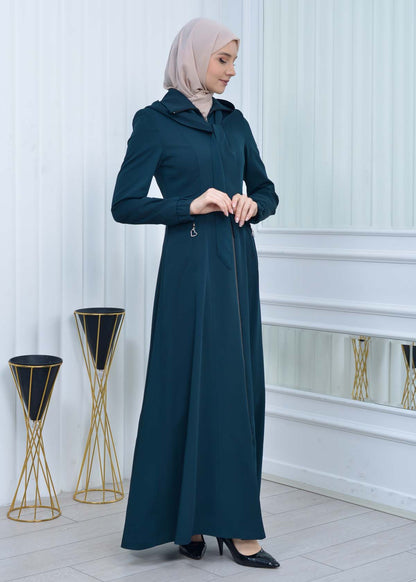 Langer brada-Mantel mit abnehmbarer Kapuze 1213 - Türkis