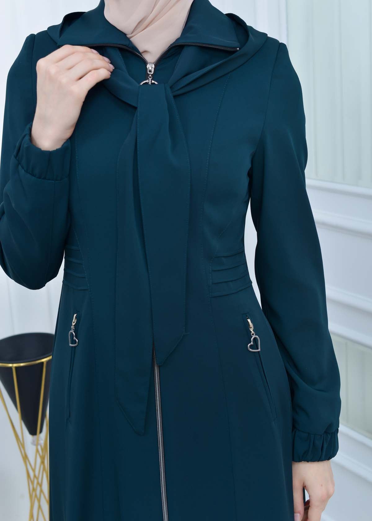 Langer brada-Mantel mit abnehmbarer Kapuze 1213 - Türkis