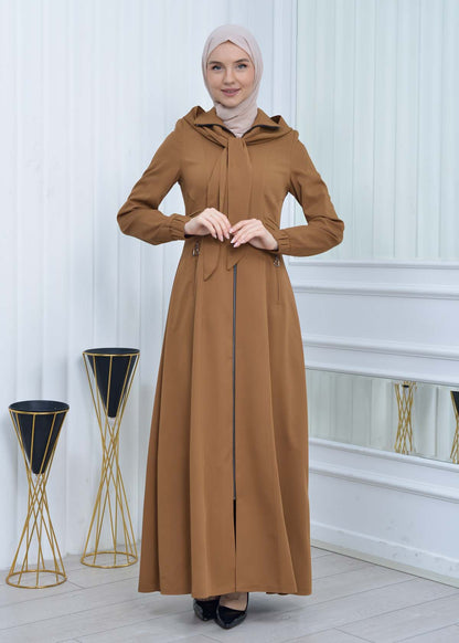 Langer brada-Mantel mit abnehmbarer Kapuze 1213 - Cognac