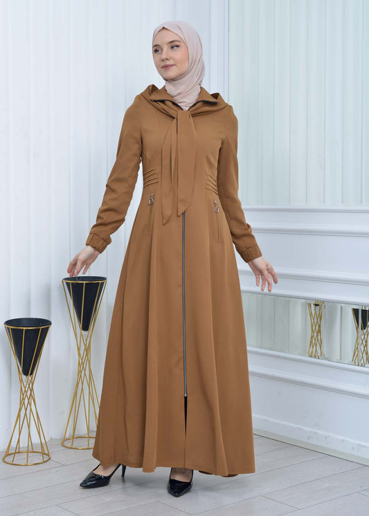 Langer brada-Mantel mit abnehmbarer Kapuze 1213 - Cognac