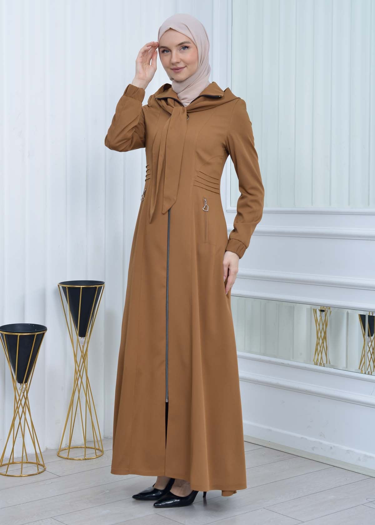 Langer brada-Mantel mit abnehmbarer Kapuze 1213 - Cognac