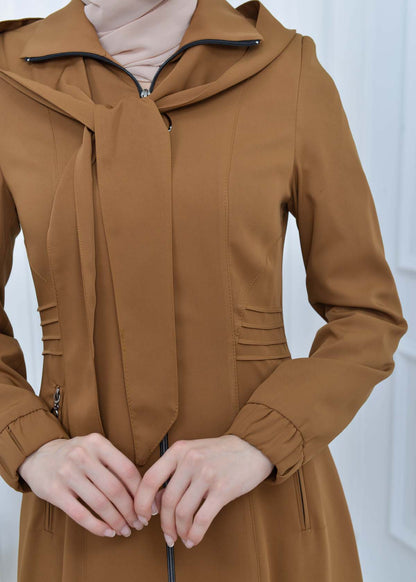 Langer brada-Mantel mit abnehmbarer Kapuze 1213 - Cognac