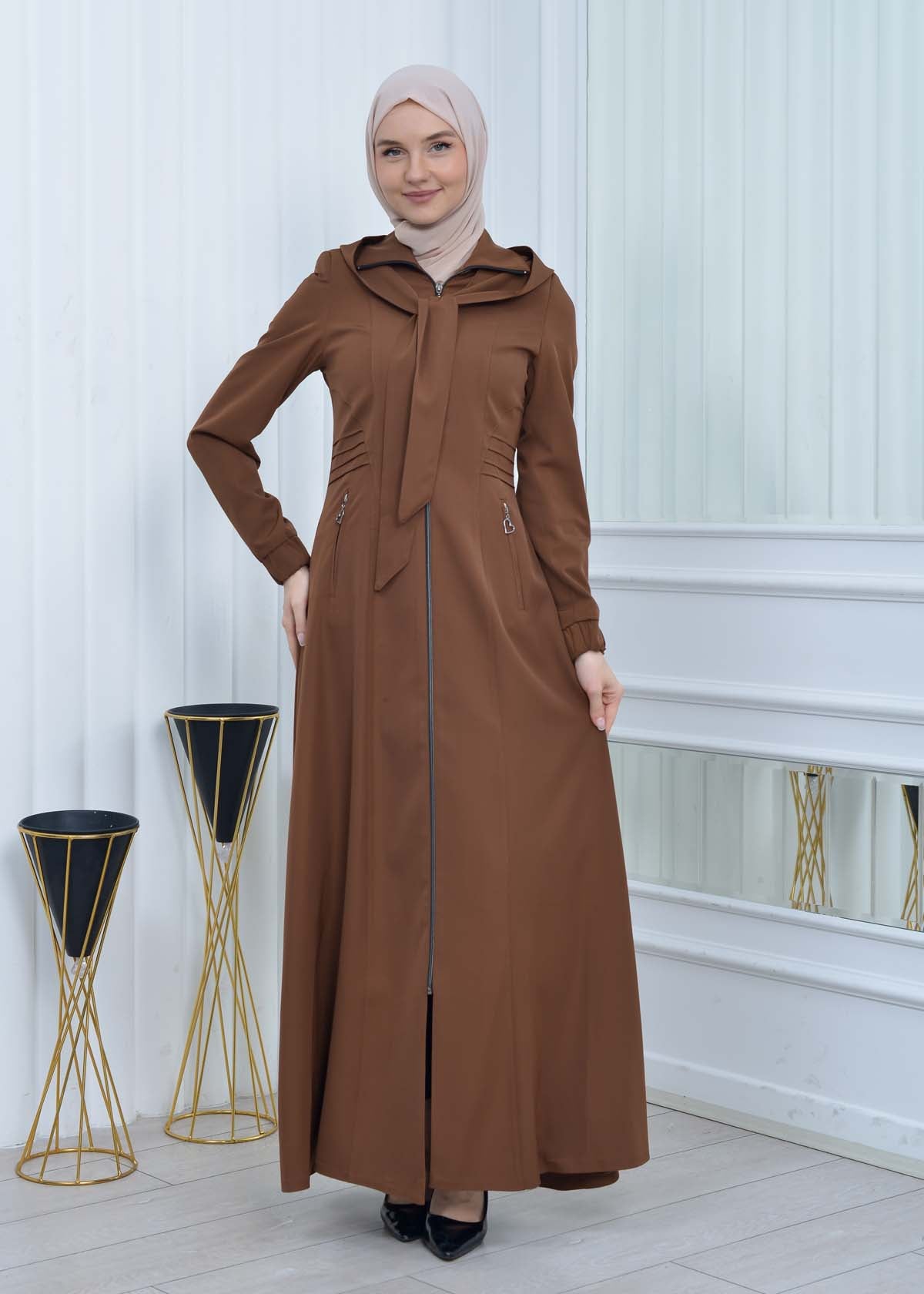 Langer brada-Mantel mit abnehmbarer Kapuze 1213 - Braun