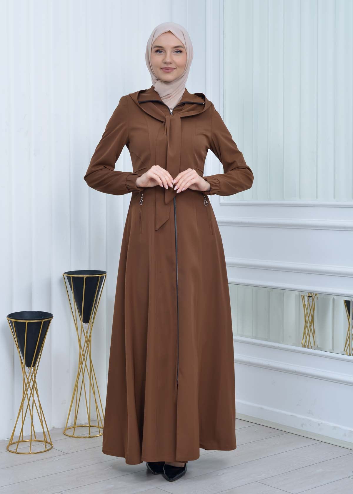 Langer brada-Mantel mit abnehmbarer Kapuze 1213 - Braun