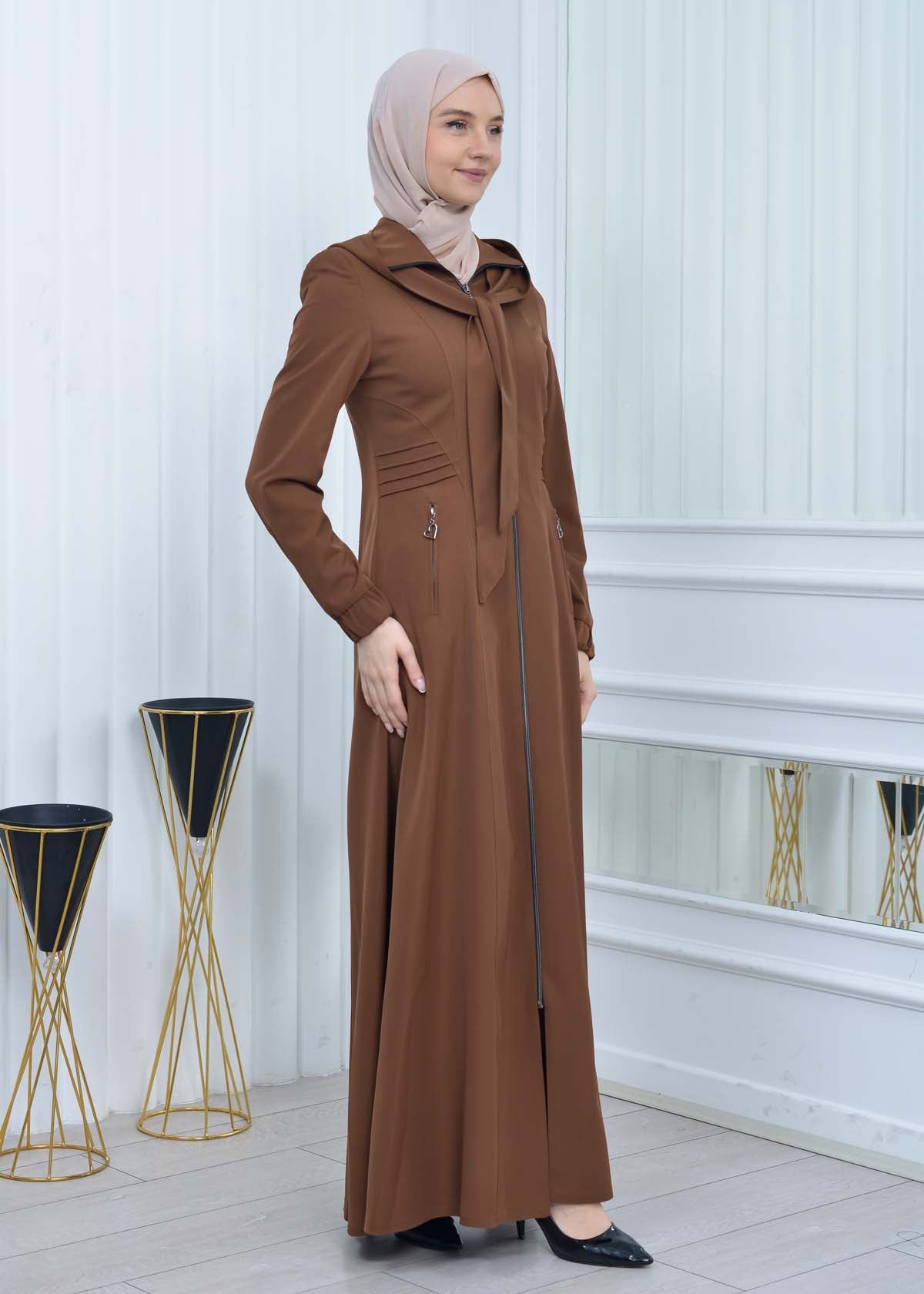 Langer brada-Mantel mit abnehmbarer Kapuze 1213 - Braun