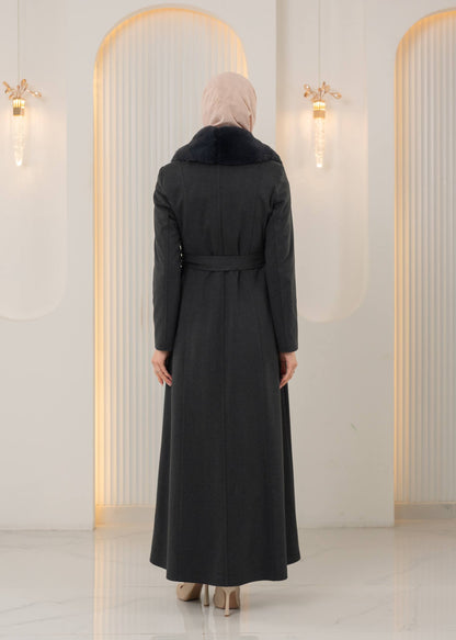 Langer Wintermantel mit Reißverschluss und Fellkragen 1393 - Anthrazit