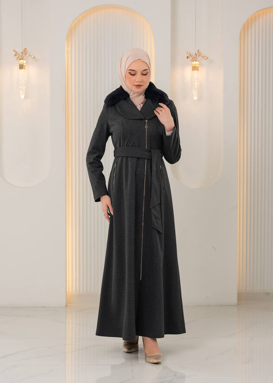 Langer Wintermantel mit Reißverschluss und Fellkragen 1393 - Anthrazit