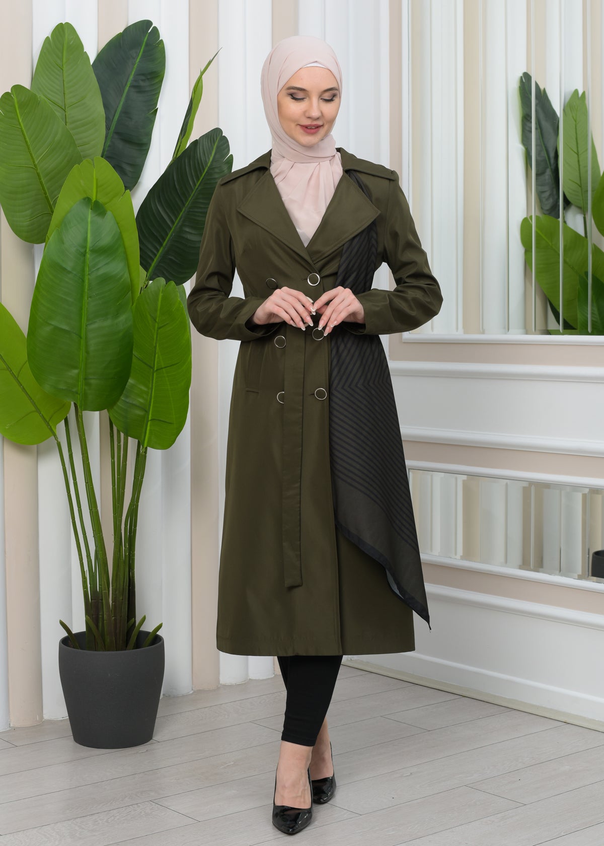 Wasserabweisender Parachute-Trenchcoat mit Satinfutter 1347 - Khaki