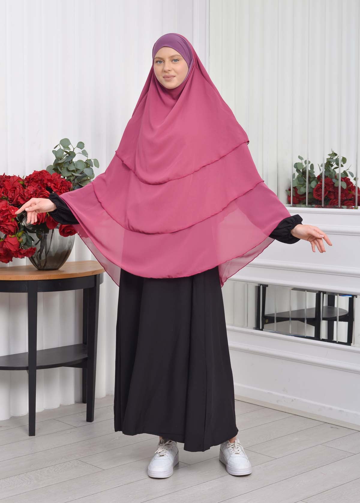 Chiffon Hijab Ready Made Veiled Practical Scarf 3 Layer - Cover Souffle 827 - Fuchsia