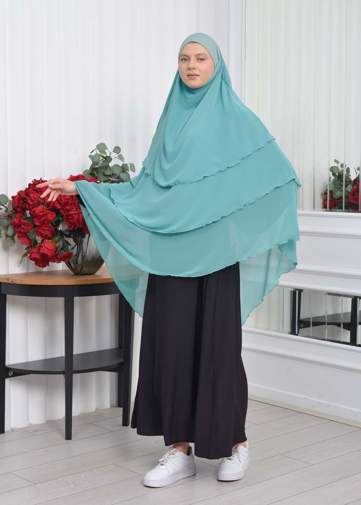 Chiffon Hijab Ready Made Veiled Practical Scarf 3 Layer - Cover Souffle 827 - Dunkelminze