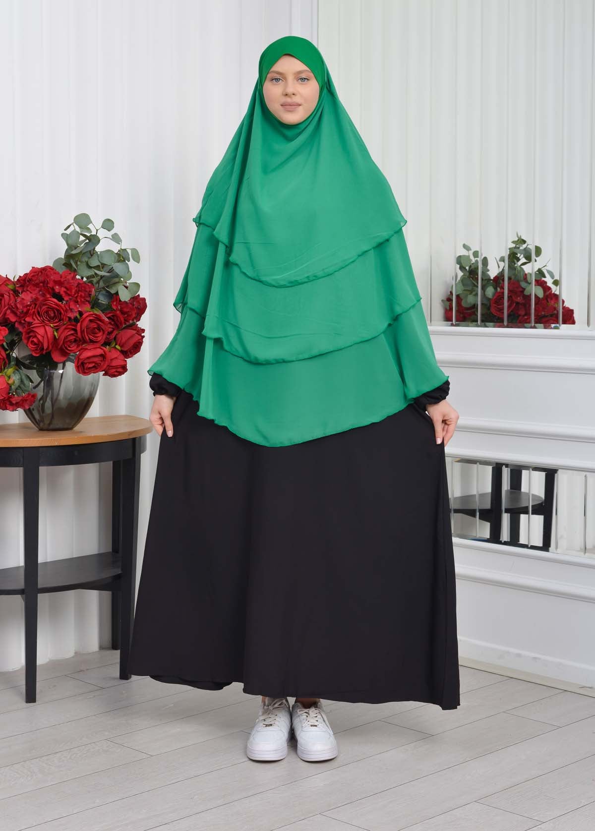 Chiffon Hijab Ready Made Veiled Practical Scarf 3 Layer - Cover Souffle 827 - Grün