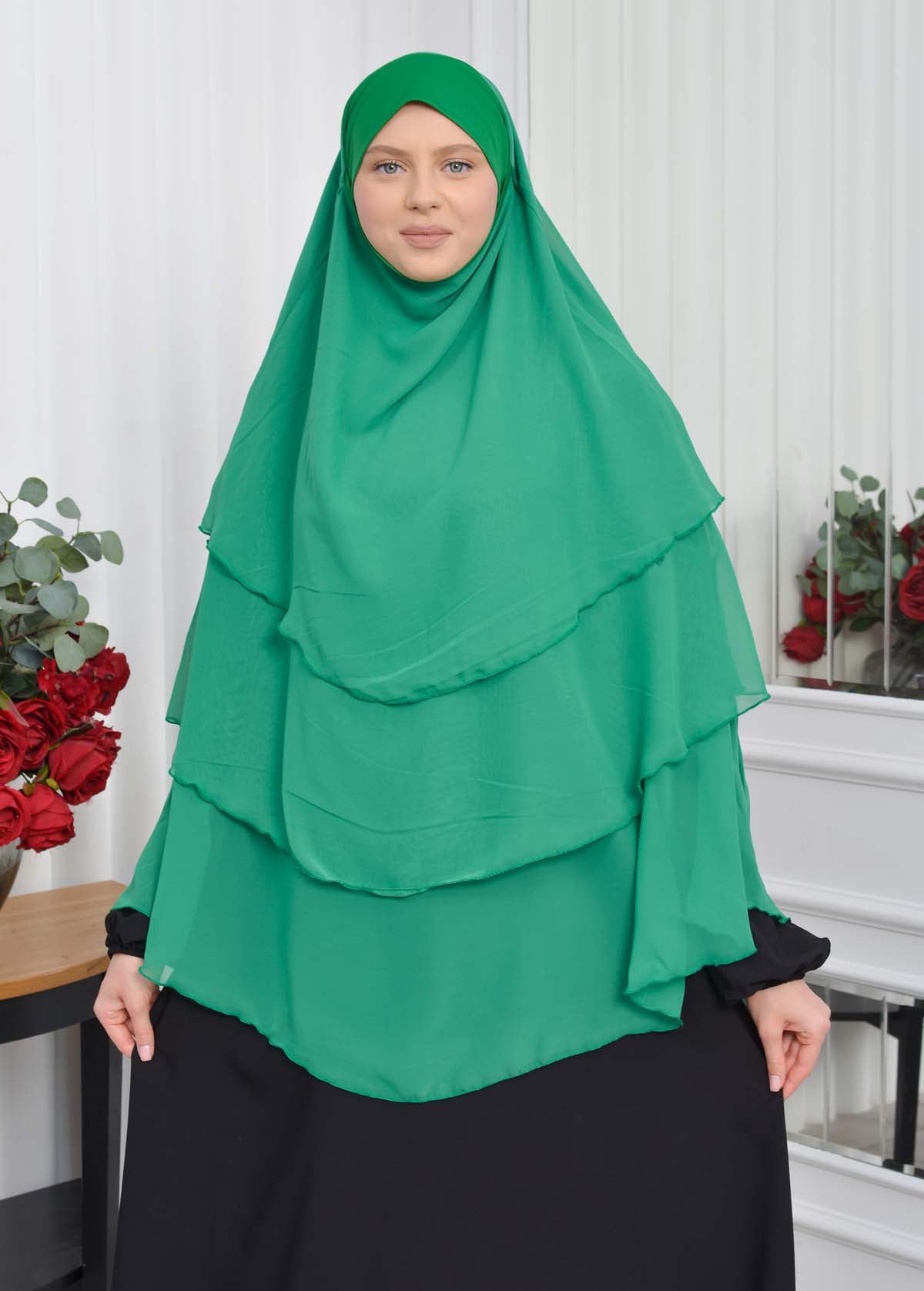 Chiffon Hijab Ready Made Veiled Practical Scarf 3 Layer - Cover Souffle 827 - Grün