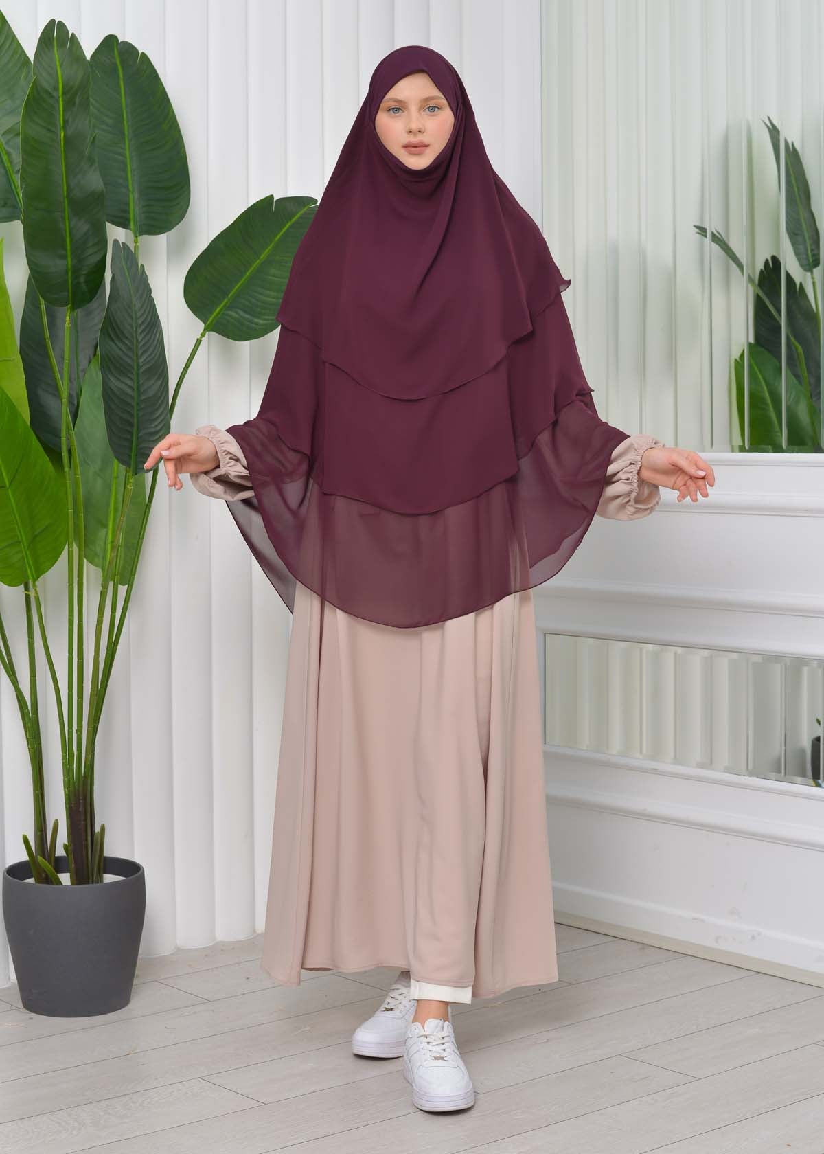 Chiffon Hijab Ready Made Veiled Practical Scarf 3 Layer - Cover Souffle 827 - Weinrot