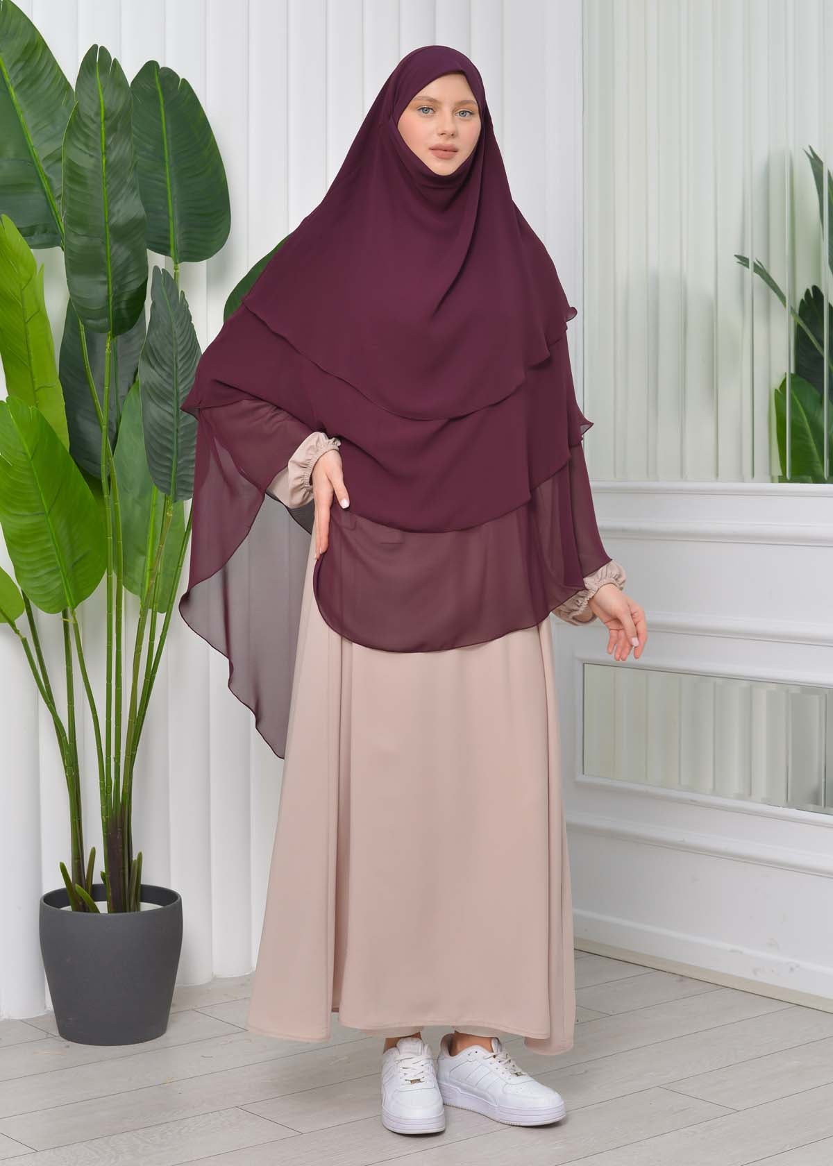 Chiffon Hijab Ready Made Veiled Practical Scarf 3 Layer - Cover Souffle 827 - Weinrot