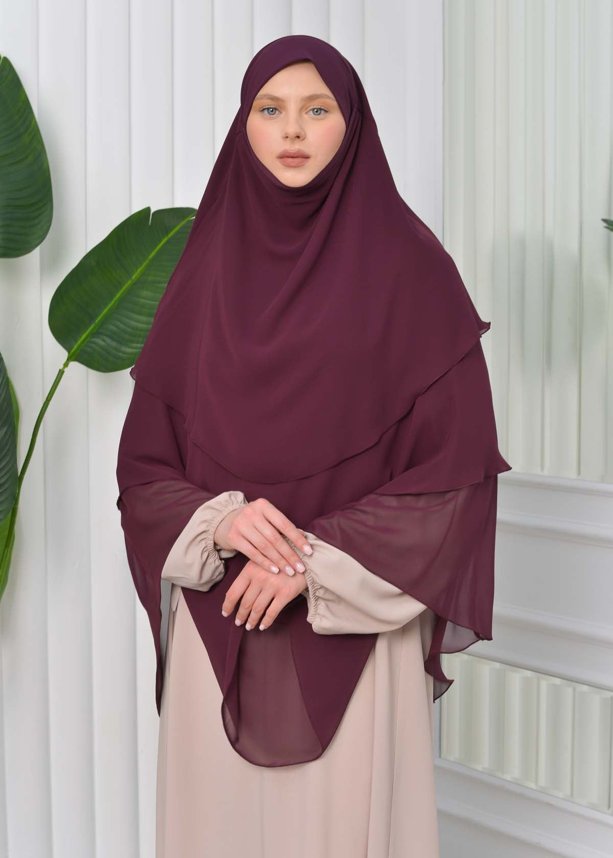 Chiffon Hijab Ready Made Veiled Practical Scarf 3 Layer - Cover Souffle 827 - Weinrot
