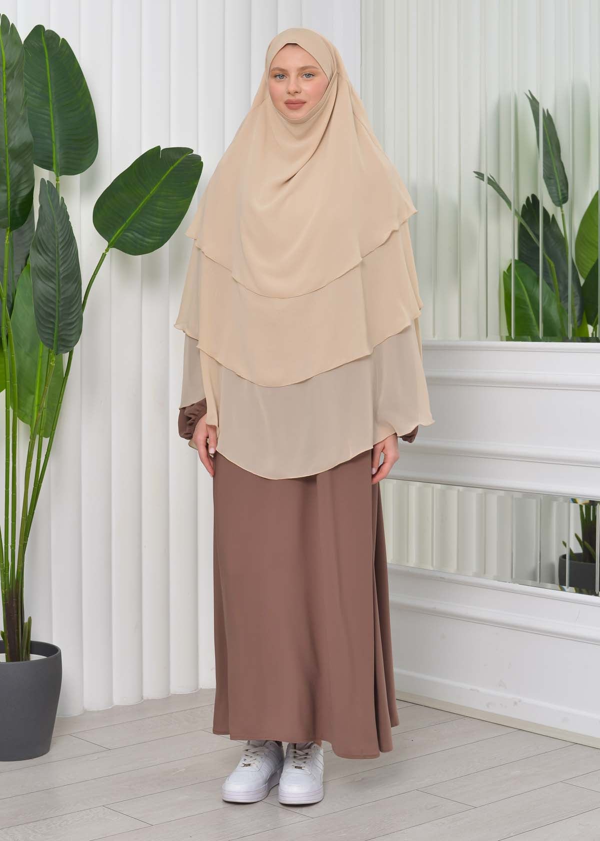 Chiffon Hijab Ready Made Veiled Practical Scarf 3 Layer - Cover Souffle 827 - Tahini