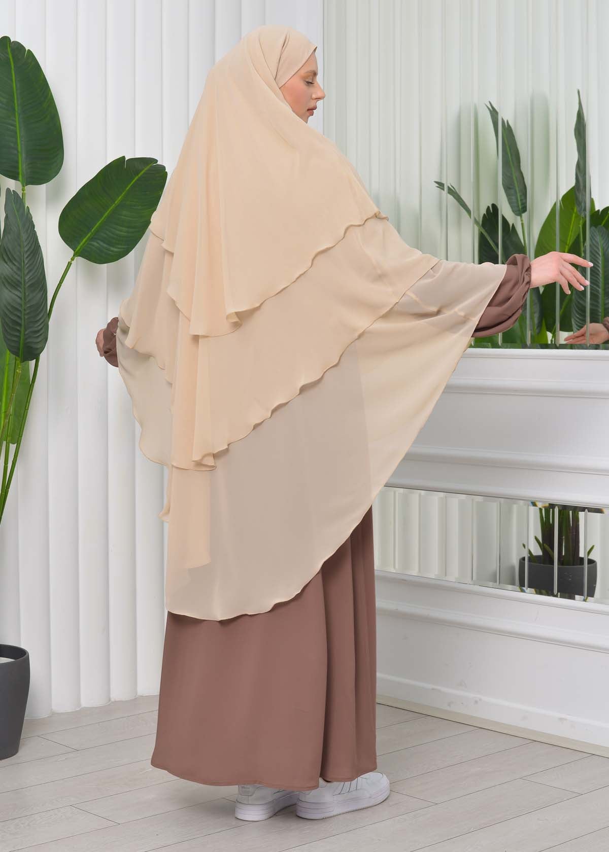 Chiffon Hijab Ready Made Veiled Practical Scarf 3 Layer - Cover Souffle 827 - Tahini