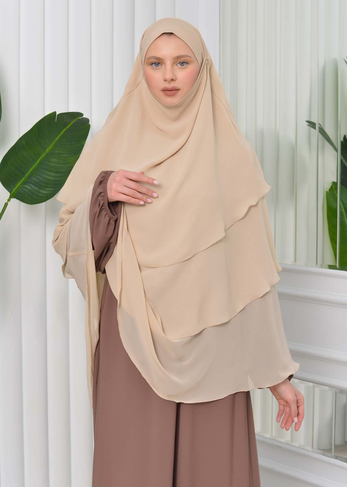 Chiffon Hijab Ready Made Veiled Practical Scarf 3 Layer - Cover Souffle 827 - Tahini