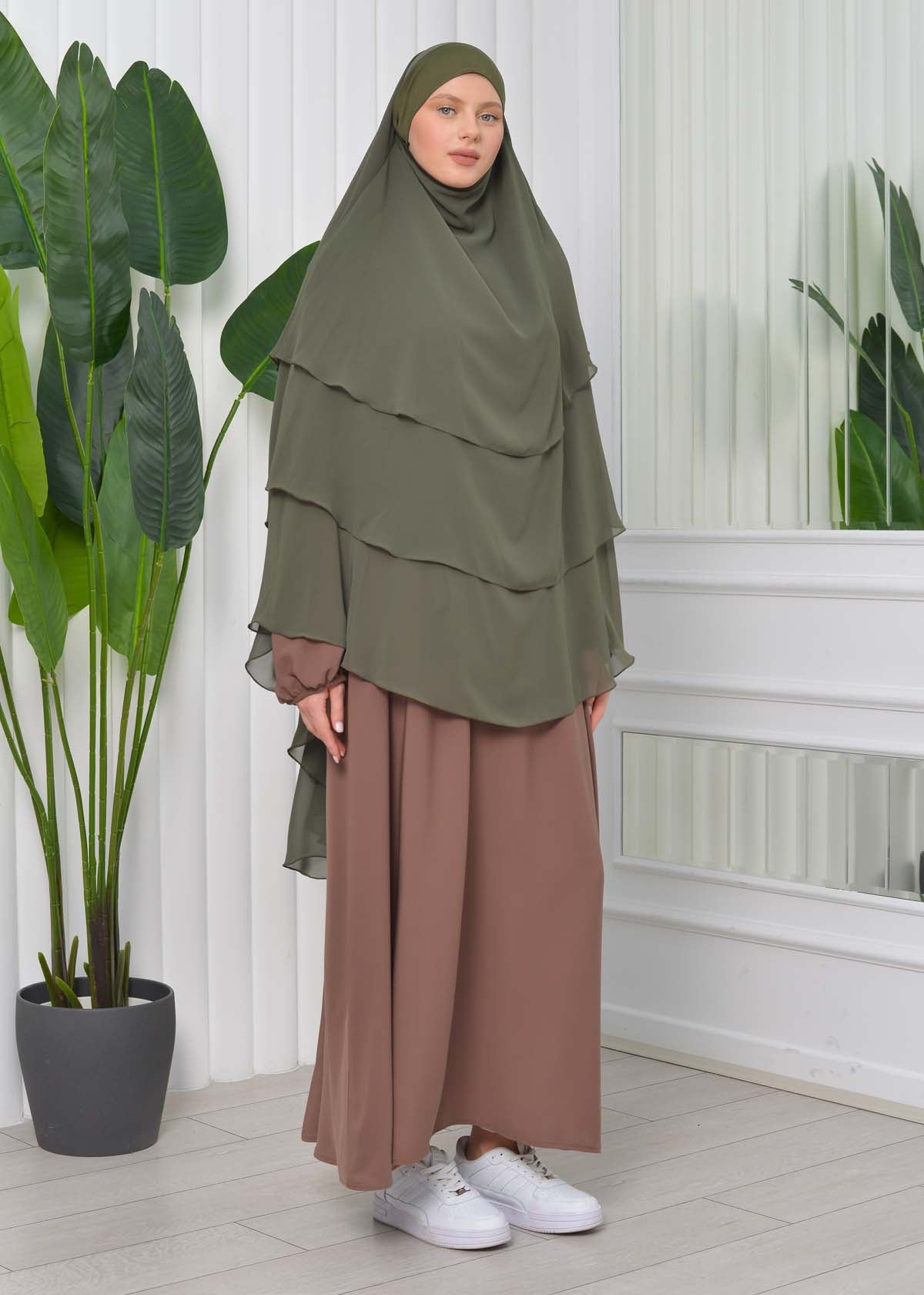 Chiffon Hijab Ready Made Veiled Practical Scarf 3 Layer - Cover Souffle 827 - Dunkelkhaki
