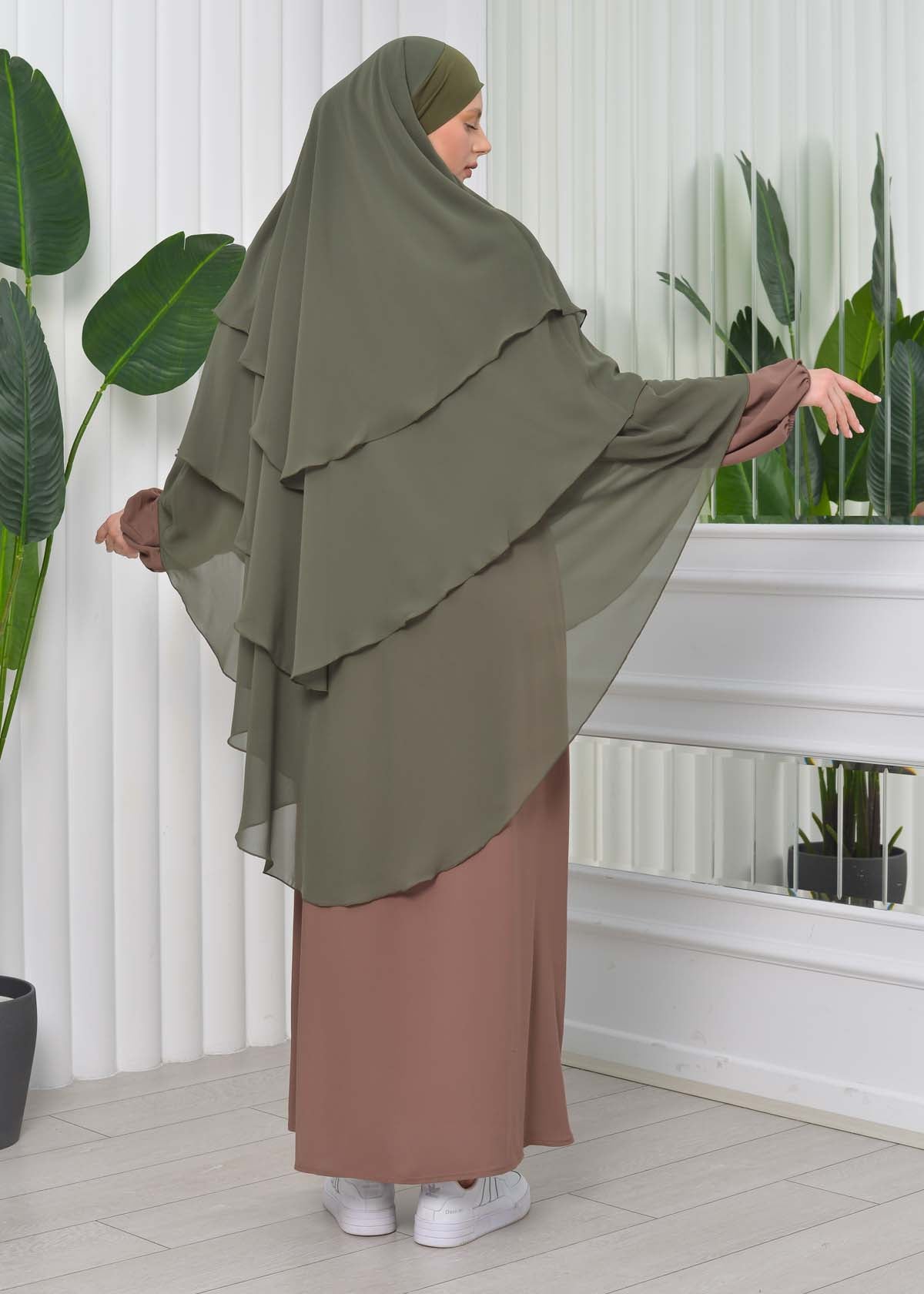 Chiffon Hijab Ready Made Veiled Practical Scarf 3 Layer - Cover Souffle 827 - Dunkelkhaki